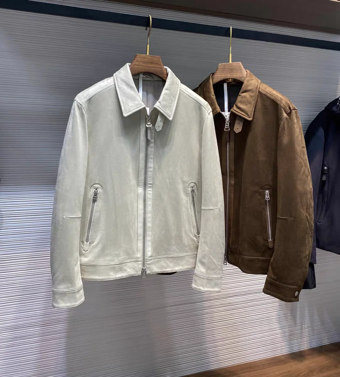 

Cus-Weaved Suede Fabric Jaet Coat for Men Autumn Casual Old Money Sle Collared Outerwear Stand Fit Linen 00%