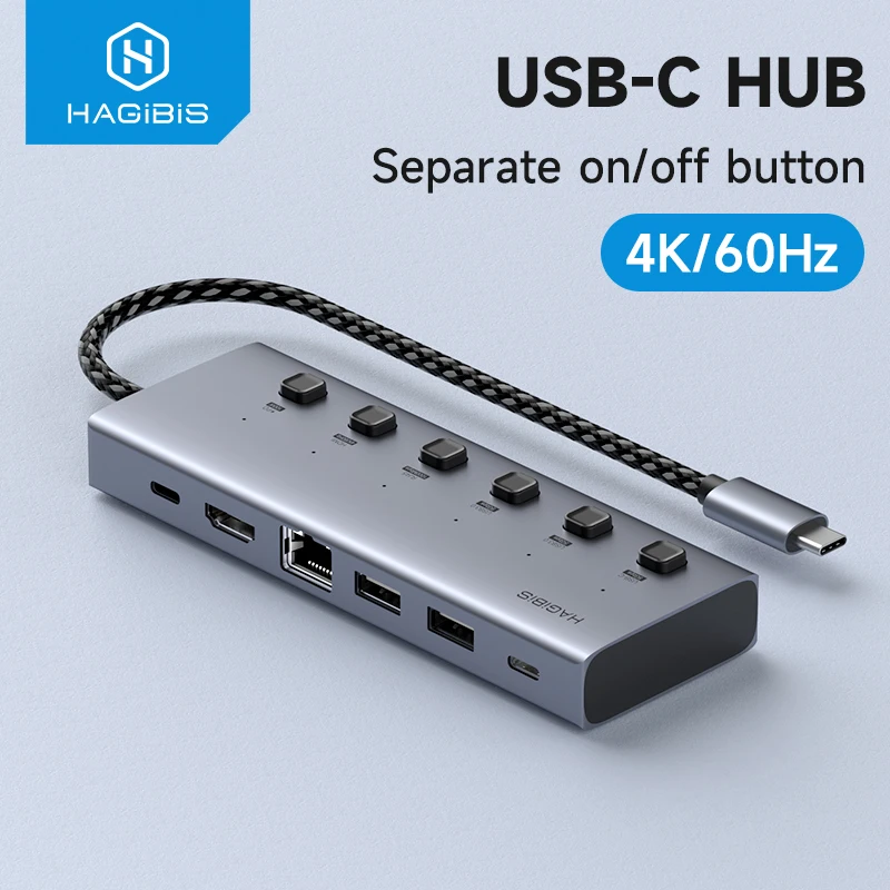 

Hagibis USB C HUB Type-C Individual On/Off Switches Docking Station with 100W PD 4K HDMI-Compatible RJ45 for Laptops Macbook Pro