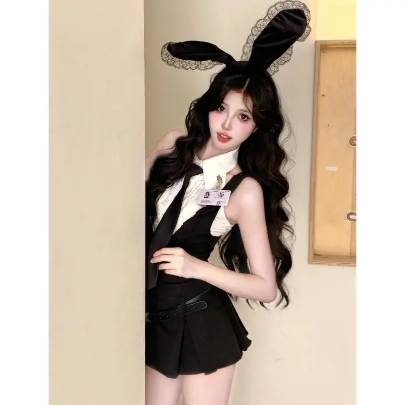 Summer Sexy Preppy Style Two Piece Set Women Sweet Solid Tops + Mini Strap Black Dress Female Fashion Y2k Lolita Dress Set New