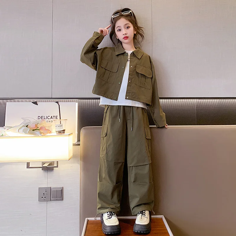 

2025 Korean Spring Autumn Children Girl Top And Bottom Set Junior Girl Single-breasted Coats+Cargo Pants Children Girl 2pcs Sets