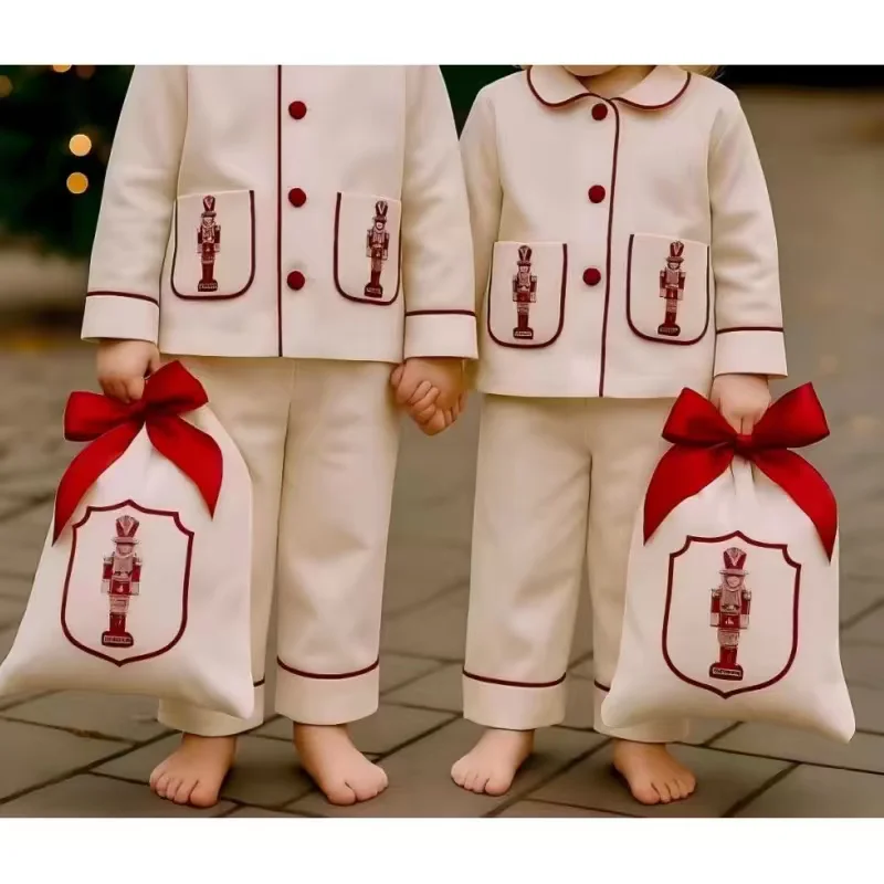 0-6Y Children Christmas Pajamas 2pcs Pajamas Set Lapel Button Nutcracker Embroidery Home Sleep Sleepwear For Boys Girls C2