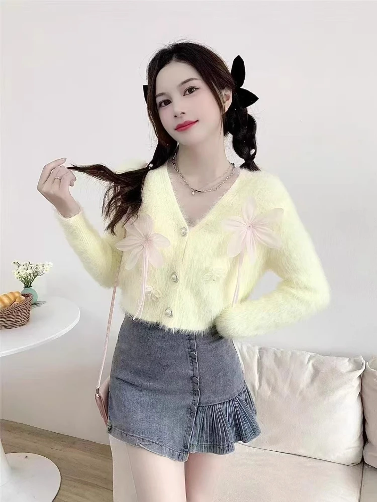 ​Chic Bowknot 3D Floral Knitted Cardigan 2025 New Autumn Winter Vintage Faux Raccoon Fur Short Sweater Coat Top Sweet​