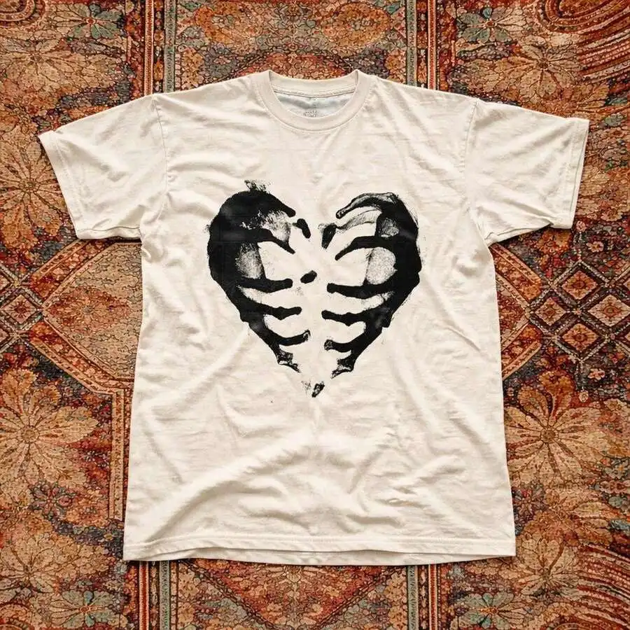 Goth Aesthetic Graphic Tee Unisex Skeleton Rib Cage Heart Grunge Dark Gothic Bone Ink Print Oversized Short Sleeve Punk Street Casual Tops