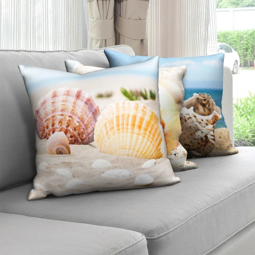 Natural Landscape Starfish Conch Shell Print Beach Decor Polyester Pillowcase