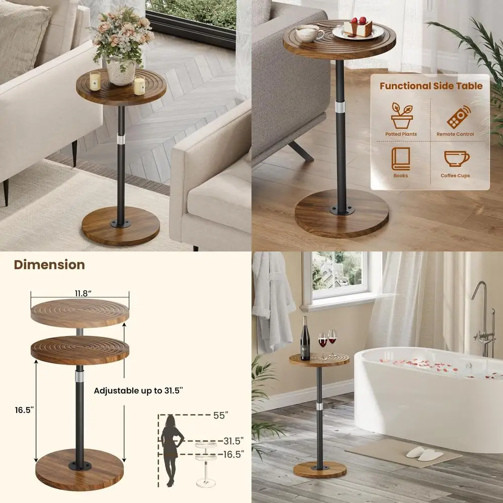 

Set of 2 Walnut Round Side Tables with Adjustable Heights for Living Spaces and Offices