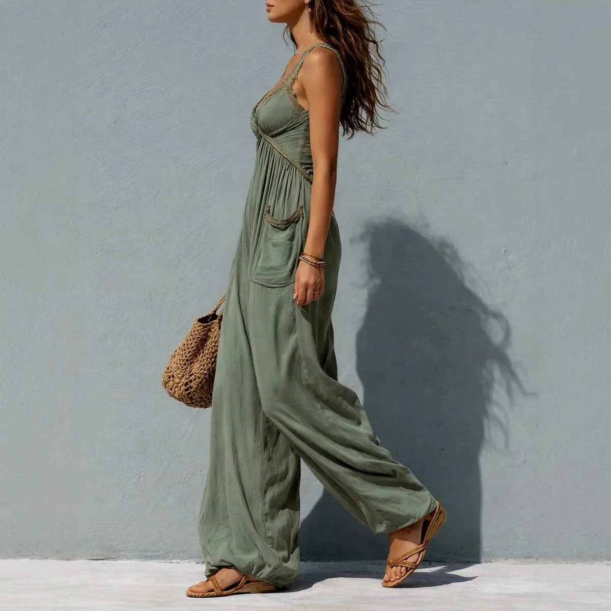 Women's And Sexy Xxx Clothing For Woman Solid Color Sleeveless High Waist Wide Leg Lace Jumpsuit French Style Streetwear
