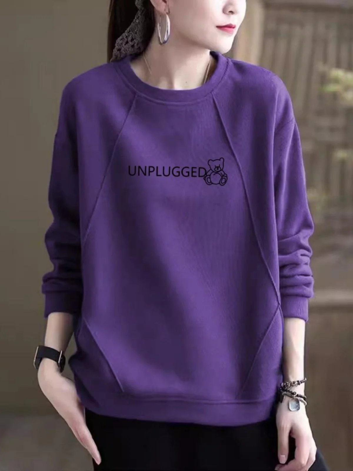 

Loose Fit Long Sleeve round Neck Splice Design Pure Cotton Women's Top Fashionable Stylish Autumn Winter New Style Outerwear