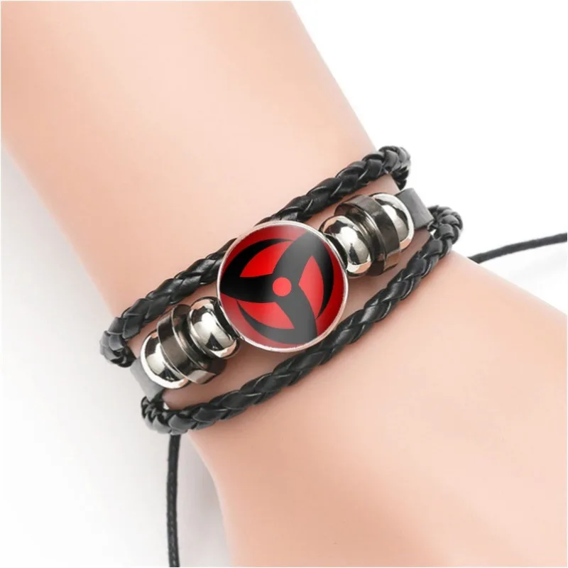 Pulsera de Cuero con Diseño de Anime Naruto, Abalorio Cosplay, Cabujón de Cristal, Ajustable, Accesorio Sharingan, Regalo