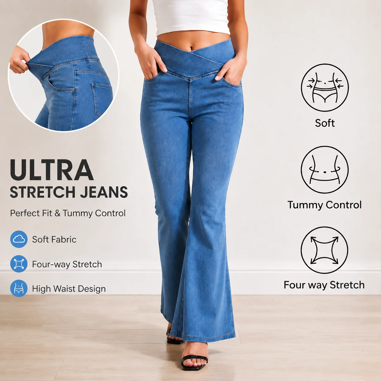 High Waist Wide Leg Jeans Women Soft Denim Flared Pants Elastic Waist Yoga Trousers Vintage Streetwear Casual Long Pants