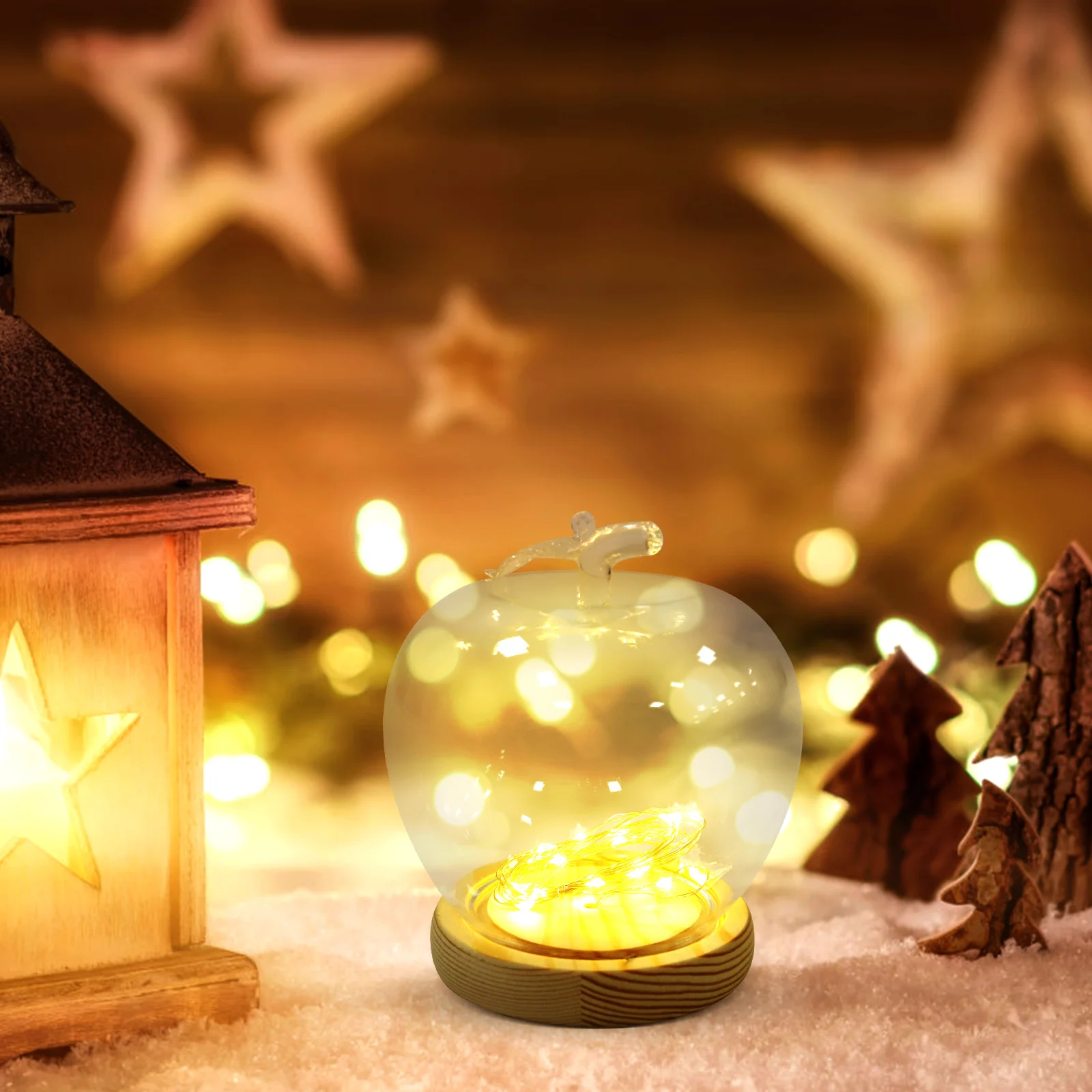 

Creative Apples Dome Christmas Decoration With Lighted Wooden Base Glowing Glass Cover For Immortal Flower Display Home Decor