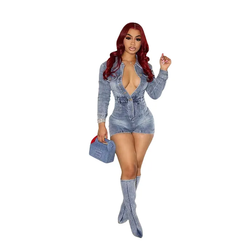 Spring Autumn Women Denim Playsuits High Stretch Long Sleeve Single Breasted Shorts Rompers Lady Sexy Slim Fit  Jeans Jumpsuits