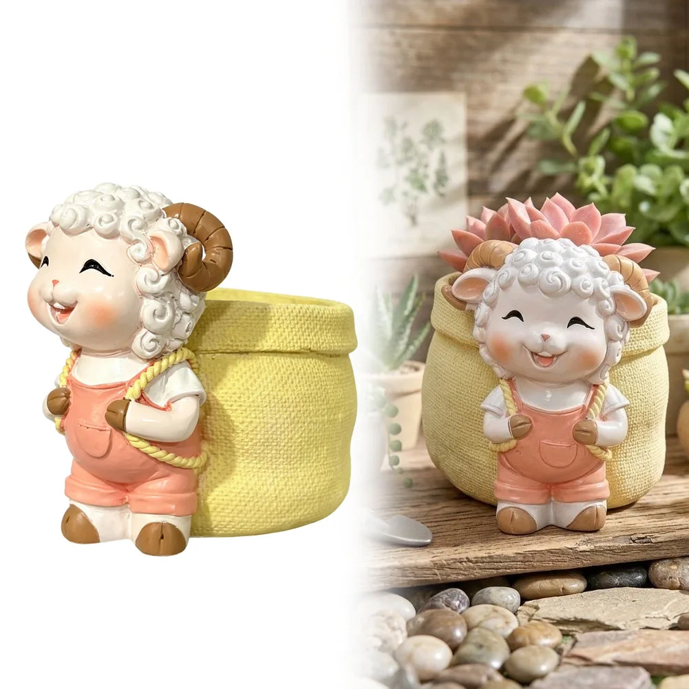 Cute Lamb Resin Flowerpot Cartoon Sheep For Succulent Drain Hole Design Desktop Plant Holder For Home Office Tabletop Decoration