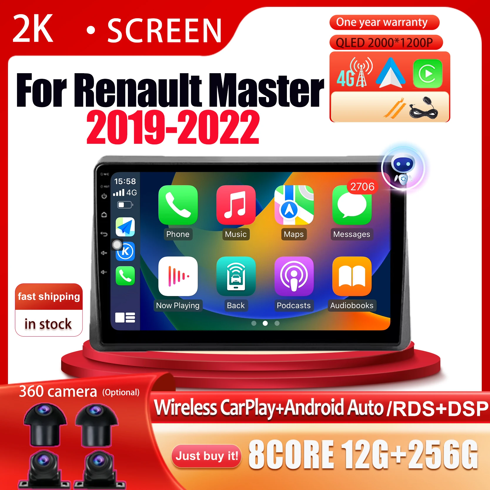 

Carpaly QLED Car Radio For Renault Master 2019 2020 2021 Multimedia Video Player Navigation GPS 4G Lte WIFI Bluetooth Android 15