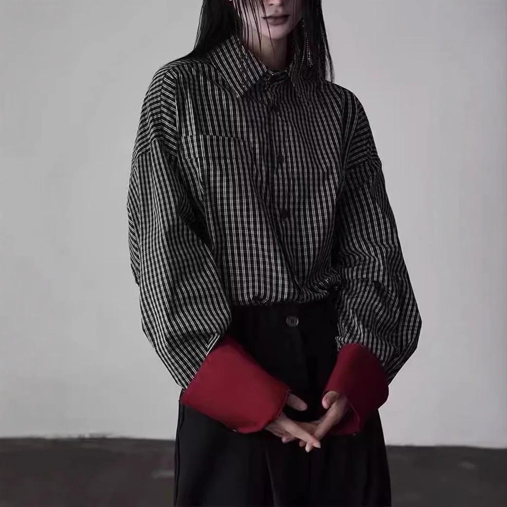 

Women's Shirts 2026 Spring Autumn Shirt Black Turn Up Long Sleeve Color Block Stripe Stylish Versatile Design Shirts For Unisex