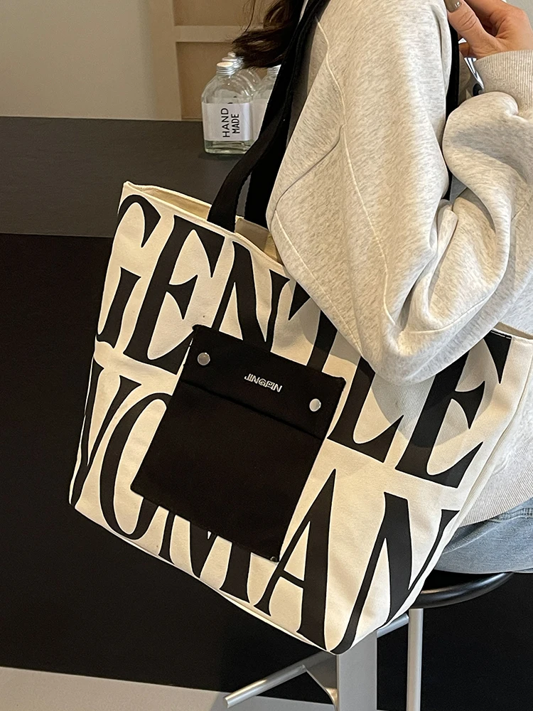 Korean Style Women’s Handlebags Fashion Large Capacity Letters Printed Canvas Underarm Shoulder Bags Chic Ladies Commuter Totes