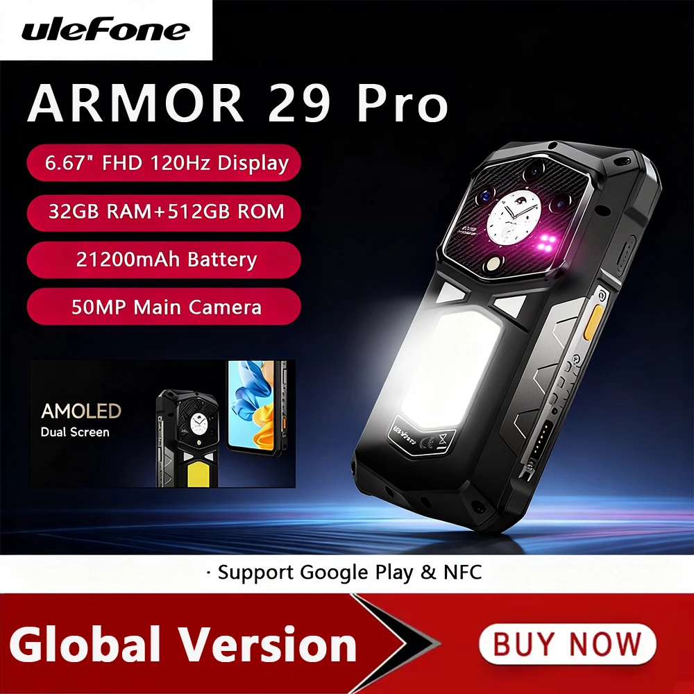 Прочный телефон Ulefone Armor 29 Pro 5G, аккумулятор 21200 мАч, 6,67 дюйма, 32 ГБ + 512 ГБ, 64 МП, камера ночного видения, смартфон, Android 15 NFC