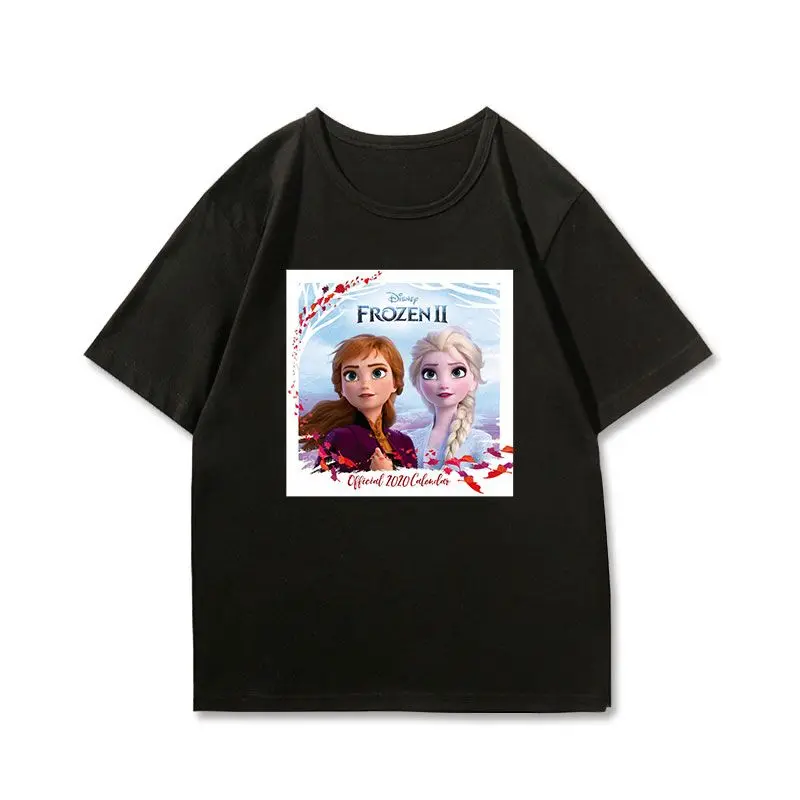 ديزني فروزن فيفر تي شيرت أسود للنساء والأطفال 2025 الصيف القطن بلايز عادية آنا إلسا الأخوات ثلج أولاف تصميم القلعة