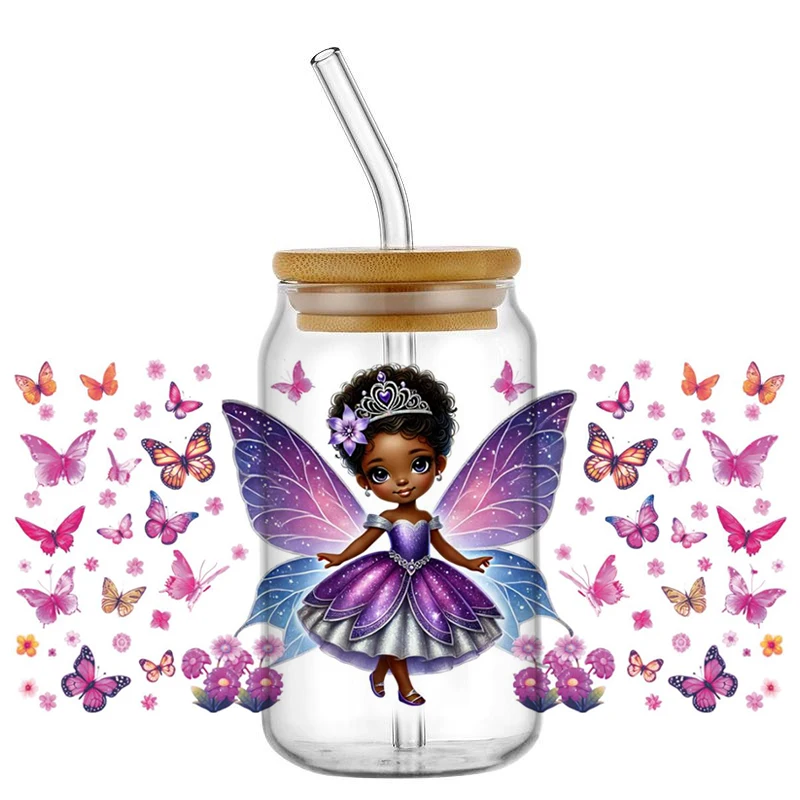 

Black Girl Elf Designs 3D Waterproof UV DTF Cup Wrap For 16oz Libbey Cartoon Butterfly Elf Princess 3D Transfer Sticker