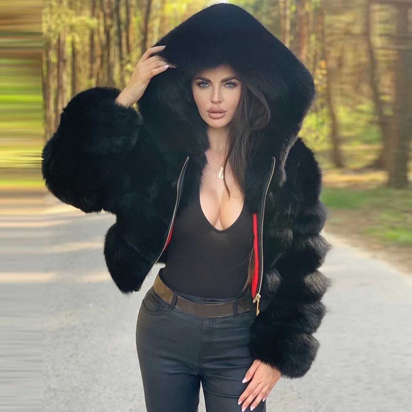 

Women Black Real Fox Fur Coat With Hood Winter Warm Short Jacket Thick Outwear