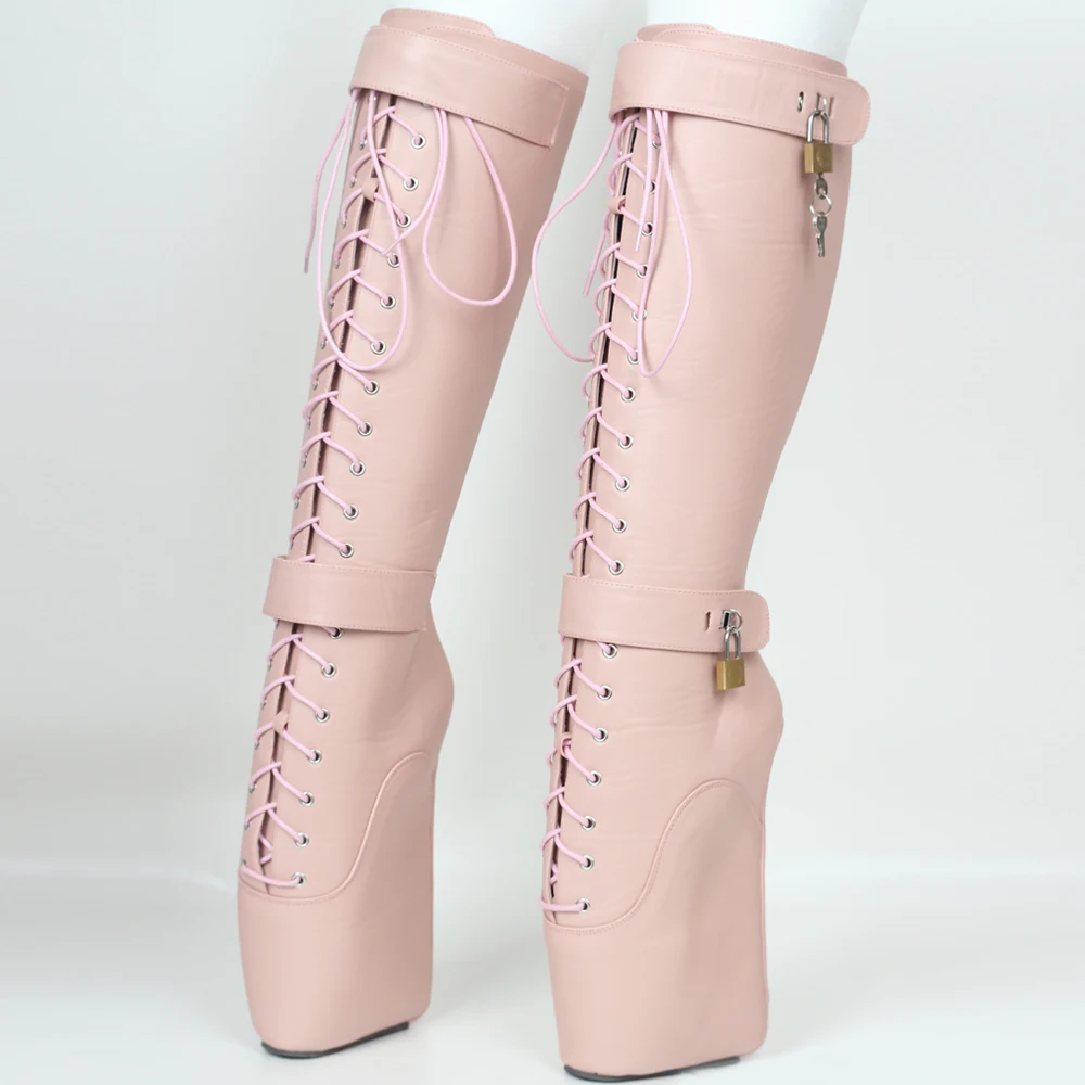 

18cm Extreme High Heel Fetish Sexy Wedges Lace-up Buckle Heelless Ballet Boots unisex Lockable Knee-High Boots