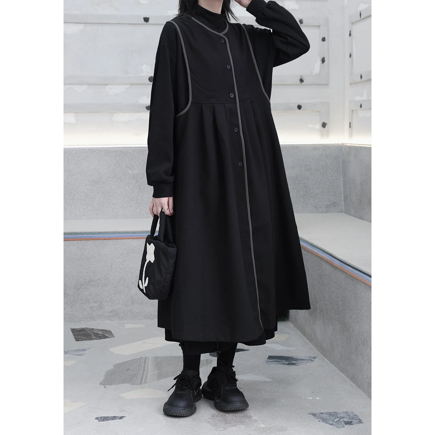 UMI MAO Yamamoto Dark Niche Contrasting Edge Wrapped Woolen Vest Dress Simple  Versatile Long Base Dress Femme Y2K