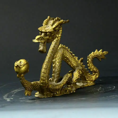 Chinese Lucky Feng Shui Dragon Brass Hand-carved Statue