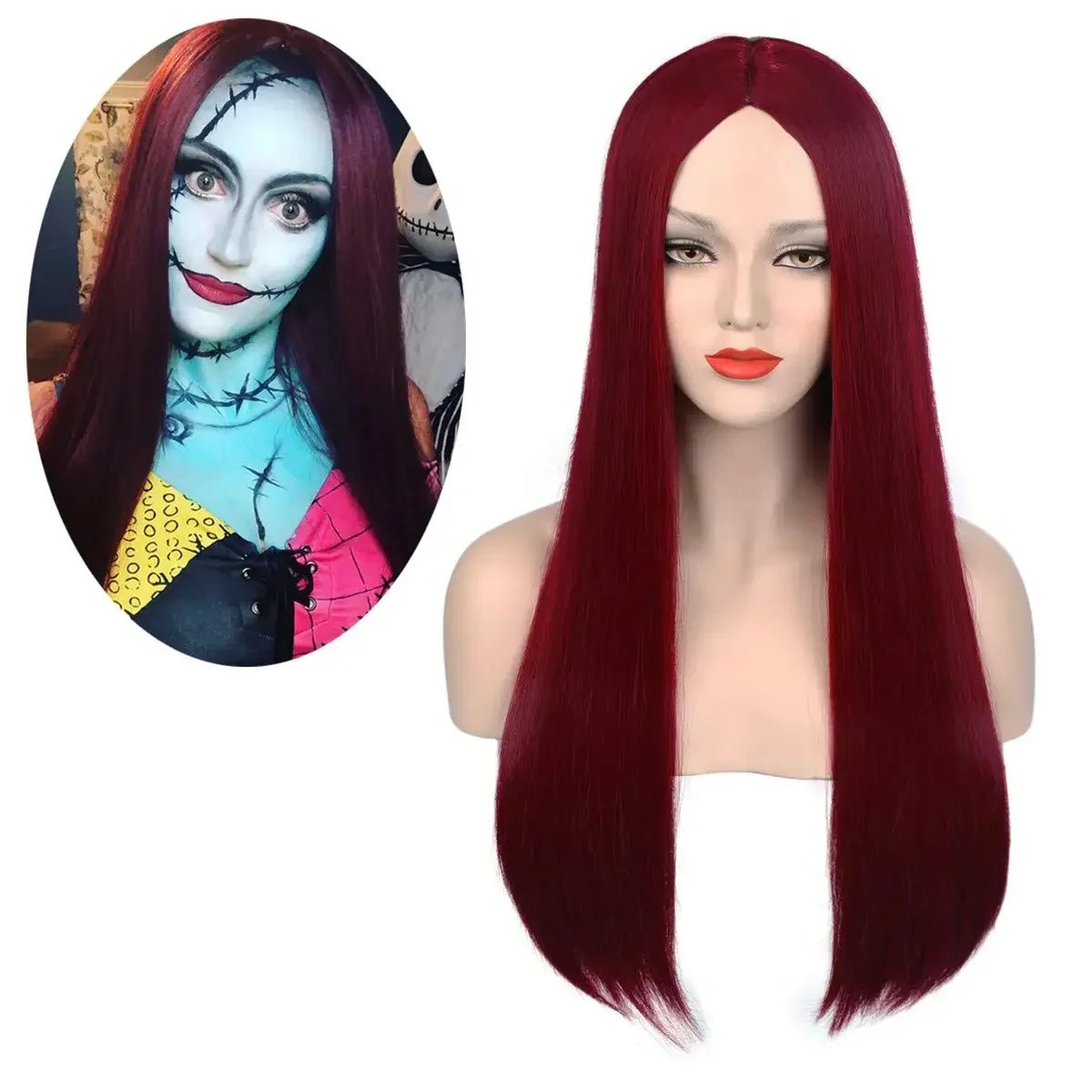 

Perruque synthétique lisse 26 pouces rouge vin pour femme, cheveux longs, déguisement de Nightmare Before