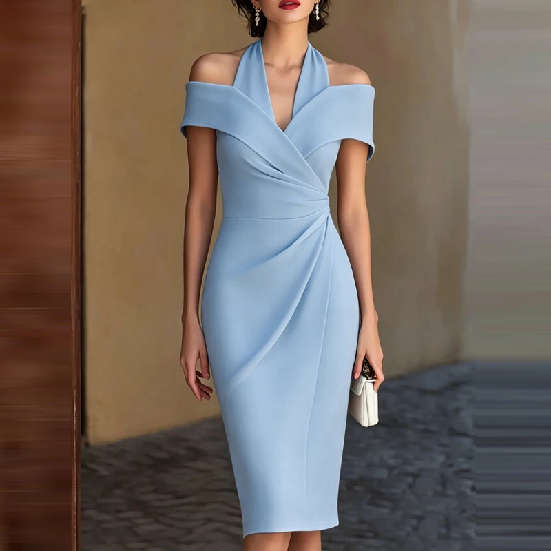 

Sexy Hanging Neck Pleated Sleeveless Dress Elegant One Shoulder Slim Fit Office Commuting Dress New Fashion Solid Backless Dress
