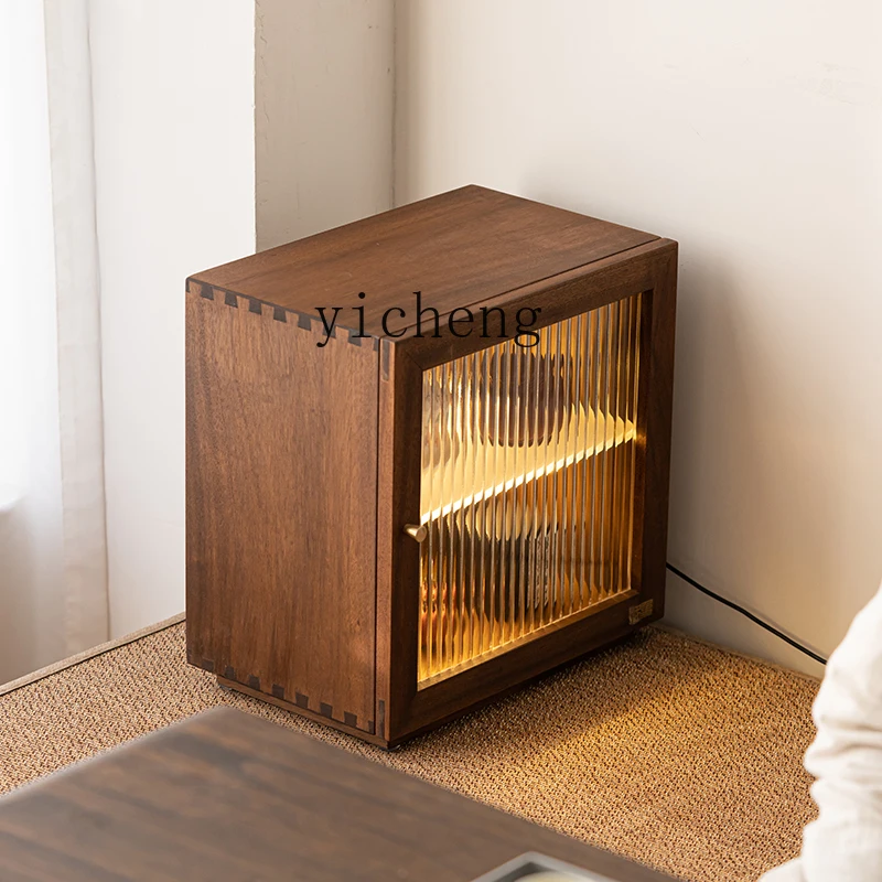 XL Walnut Creative Desktop Dust Storage Cabinet with Light Cup Shelf Tea Cabinet
