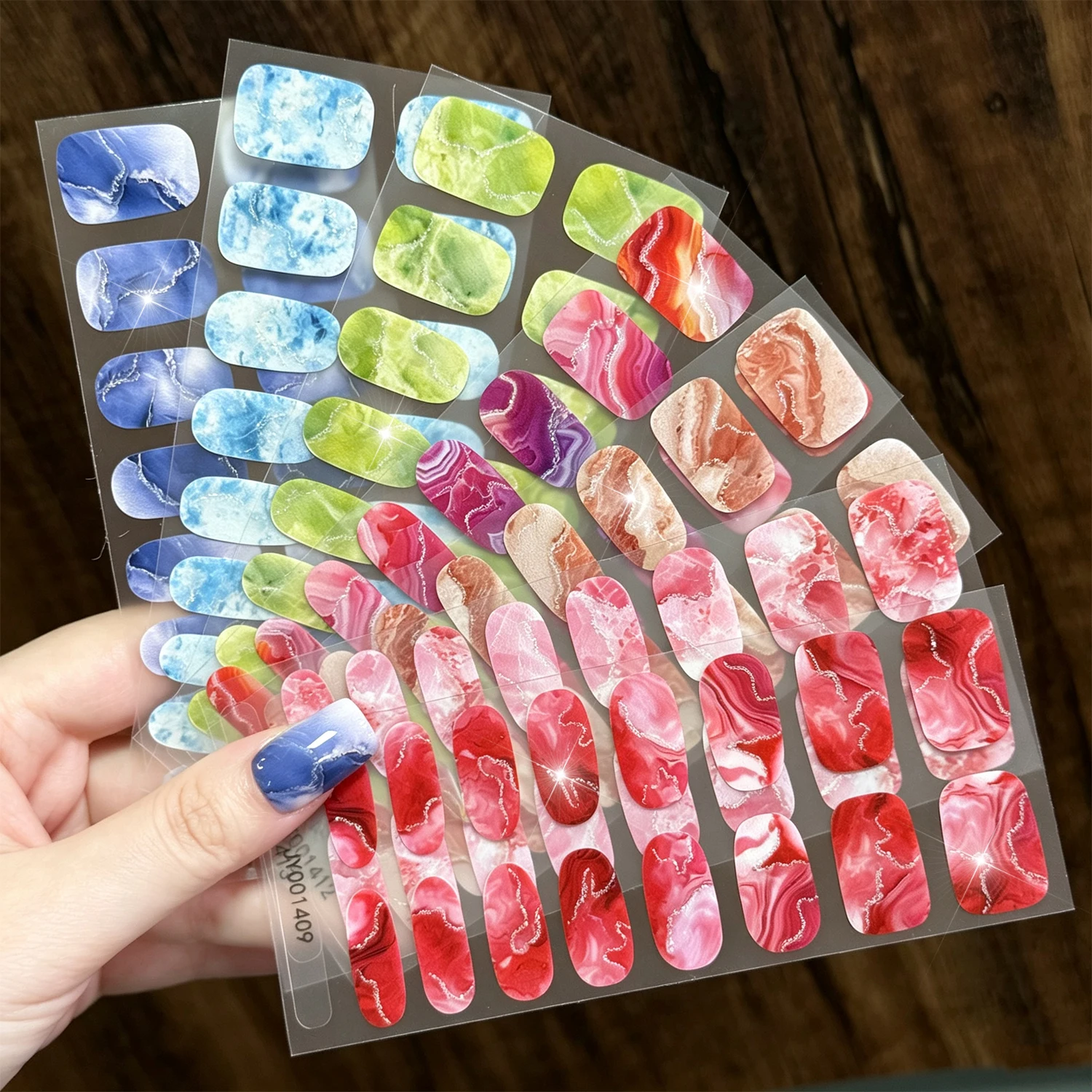 16Tips Full Cover Nail Art Stickers Self‑Sticking Multicolor Marble Gradient Glitter Nail Wraps Waterproof Easy Apply Nail Decal
