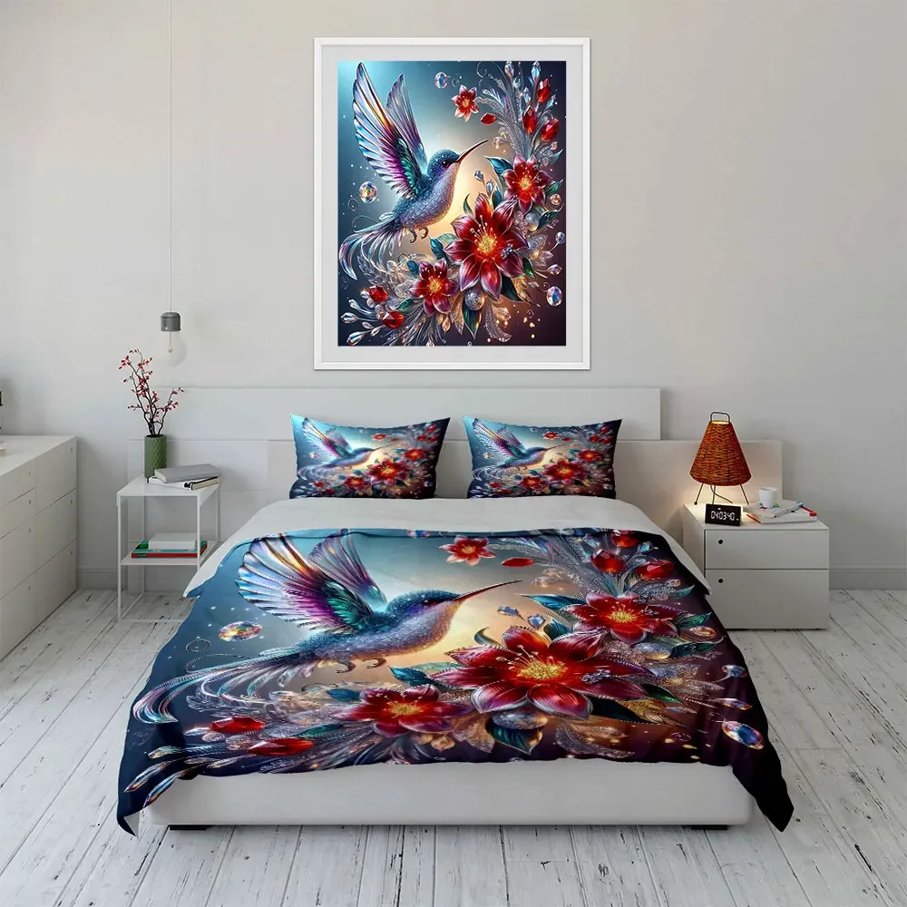 Hummingbird Floral Jewel Decor Bedding Set with 1 Duvet Cover 2 Pillowcases Single Double King Queen, Gift