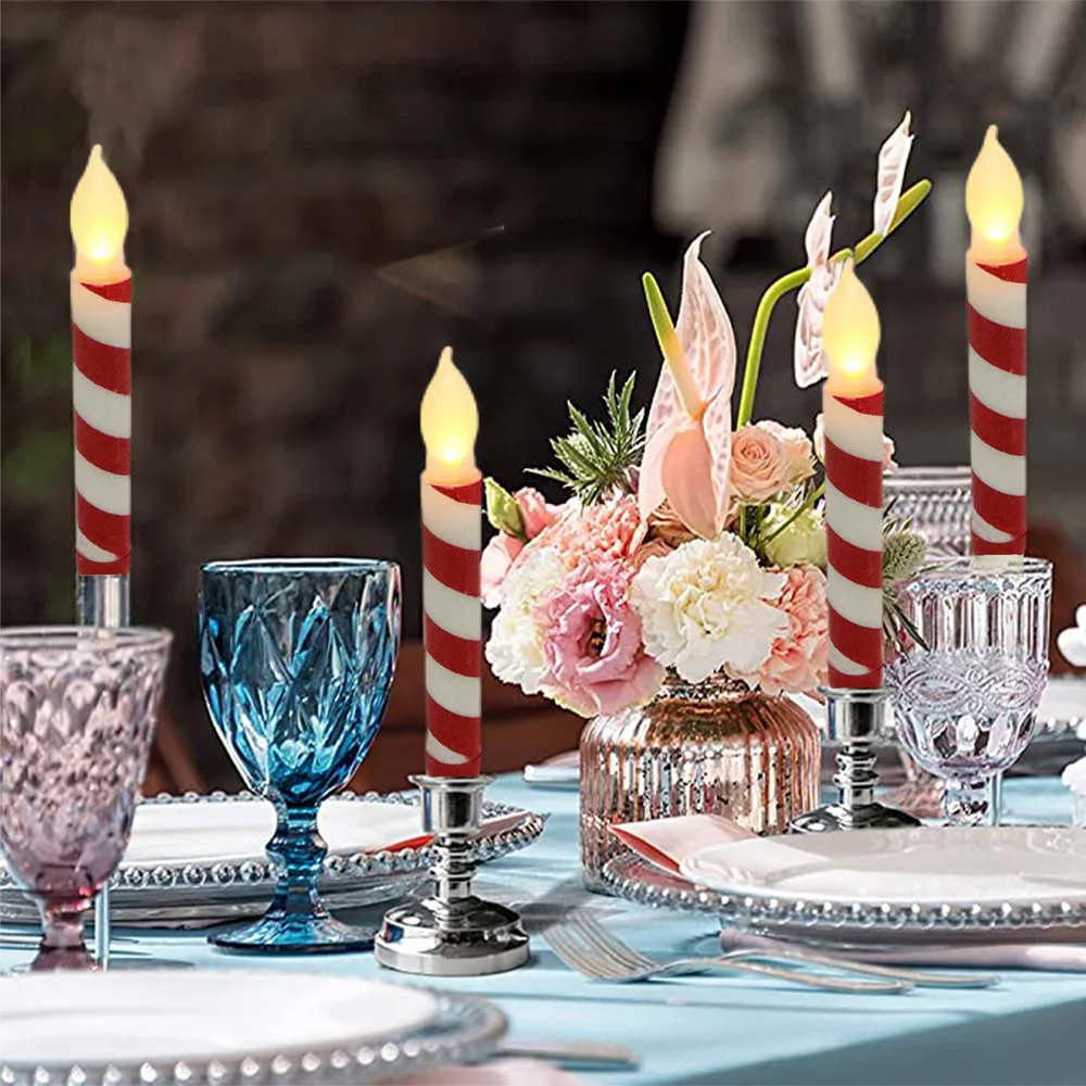 12Pcs Classic Candy Striped Flameless Christmas Taper Candles, LED Candlesticks for Christmas Party Wedding Home Decoration