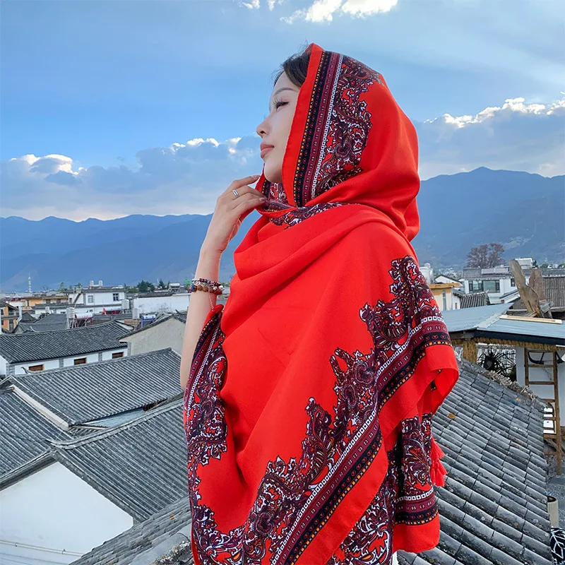 

Red trendy ethnic-style cotton-linen scarf, new Korean version summer, beach towel seaside, travel and vacation, pro