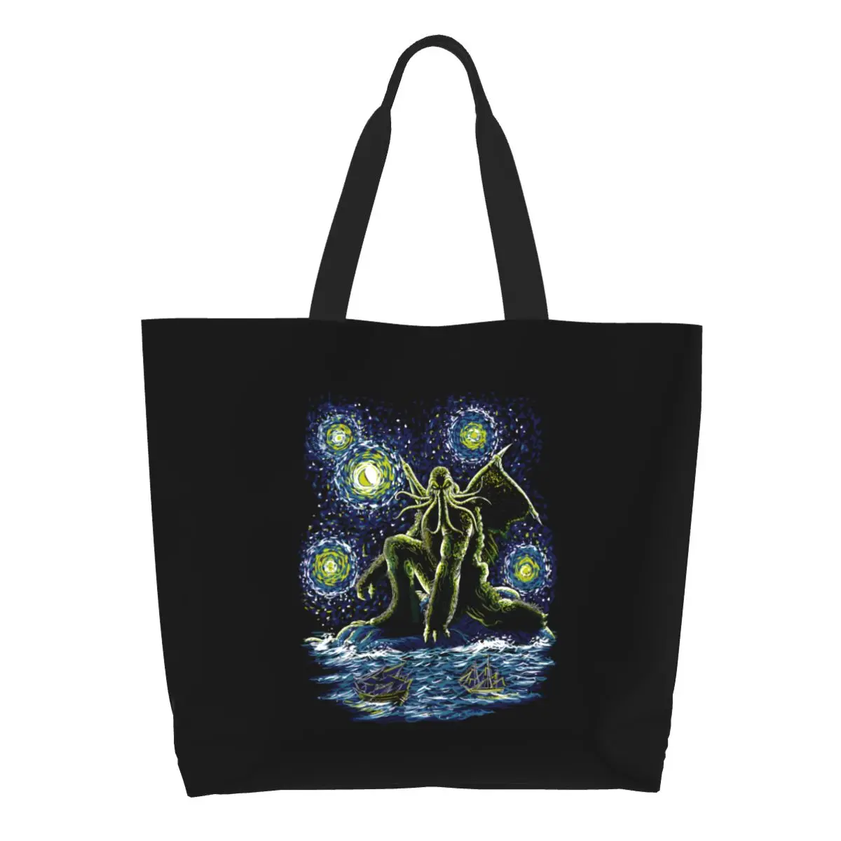 Starry Night Of Cthulhu Shopping Tote Bag Kawaii Brand Designer Monster Canvas Shoulder Shopper Bags Large Capacity Handbags