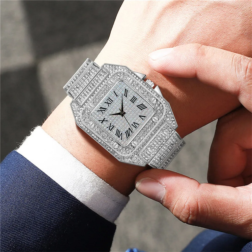 4PCS Fashion Iced Out Square Men Watch Cuban Chain Bracelet Necklaces Set Luxury Diamond Quartz Wristwatch Jewelry（Without Box） view 2