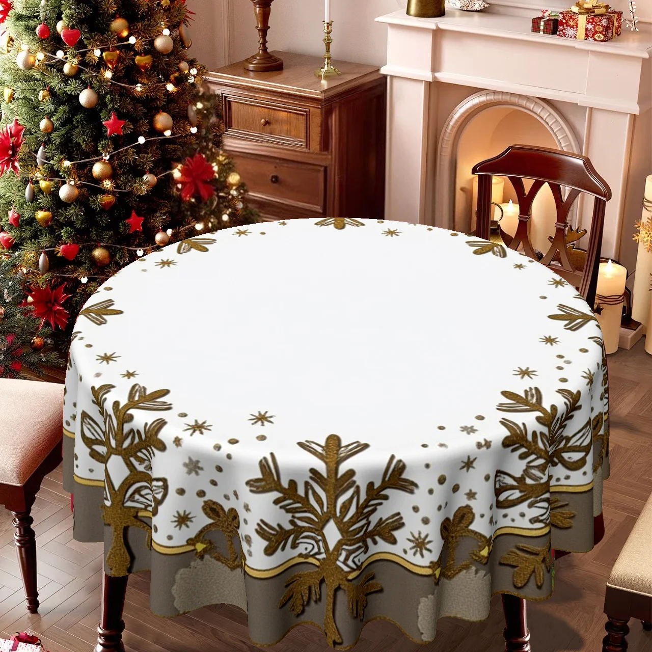 1 piece, round tablecloth with Christmas snowflake design, perfect for family kitchens and dining areas