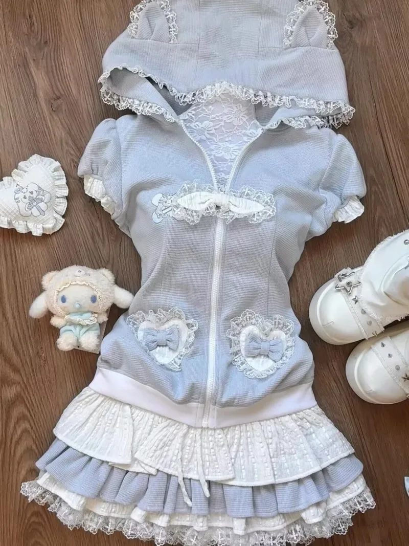 

Summer Kawaii Color Blocked Sweet and Spicy Cute Girl Hooded Cardigan Jacket Top+high Waisted Layered Cake Skirt Y2k 2 Piece Set