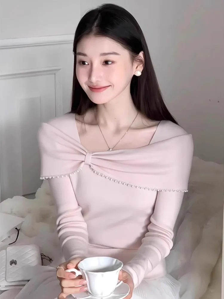 

Pink Knot One Shoulder Long Sleeve Knitted Sweater Women's Spring Autumn Slim Fit Inner Wear Base Shirt Top