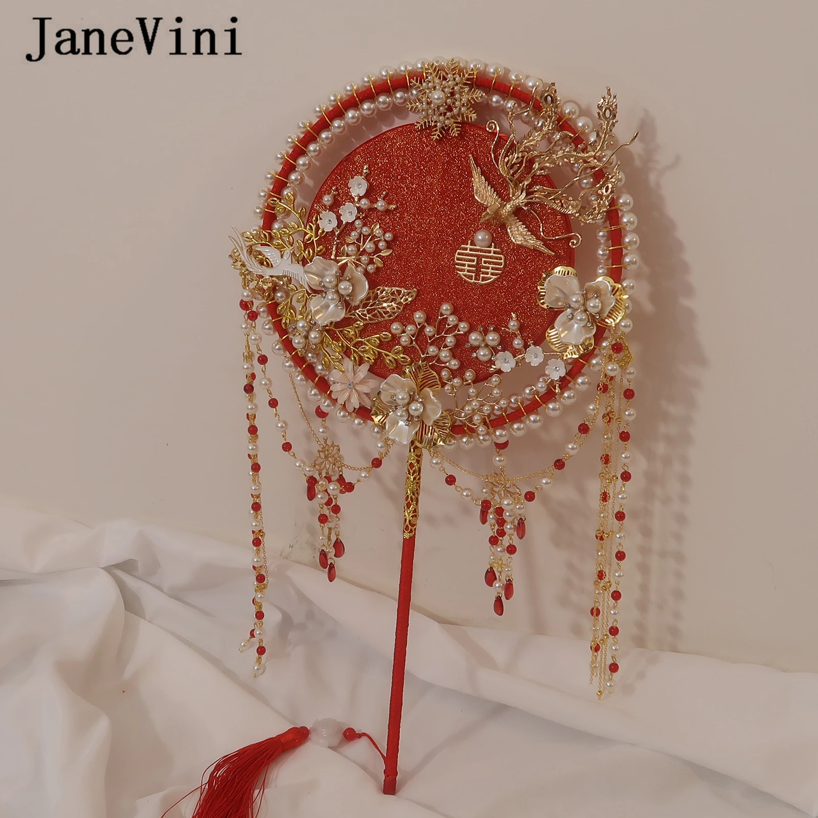 JaneVini 2022 Gold Phoenix Bridal Bouquets Fan Artificial Flowers Long Tassels Traditional Chinese Wedding Fan Bride Accessories