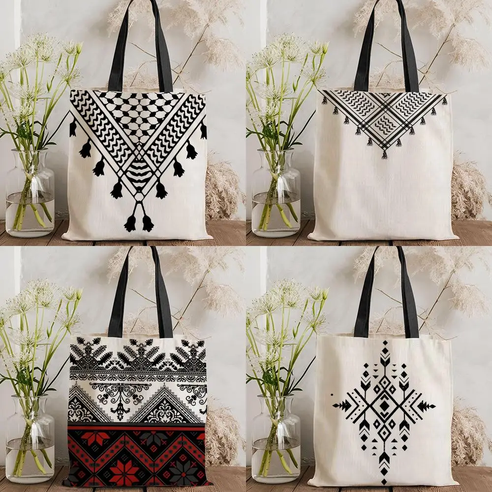 Keffiyeh Scarf Checkered Pattern Storage Bags Double-Sided Printed Canvas Tote Bag Eco-Friendly Reusable Large Capacity Handbag