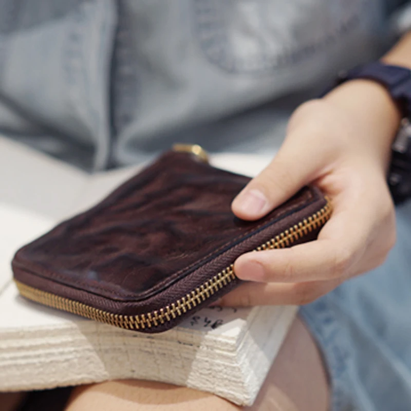 AETOO oryginalny handmade skórzana portmonetka krótki styl roślin opalona skóra bydlęca zamek retro japoński i koreański osobowości fala mnie