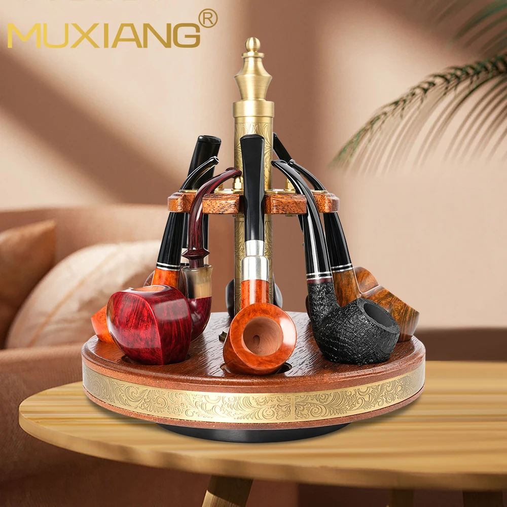 

MUXIANG tobacco pipe solid wood rack, 8-position rotatable pipe rack, removable Roman disc rack, carved pattern columns