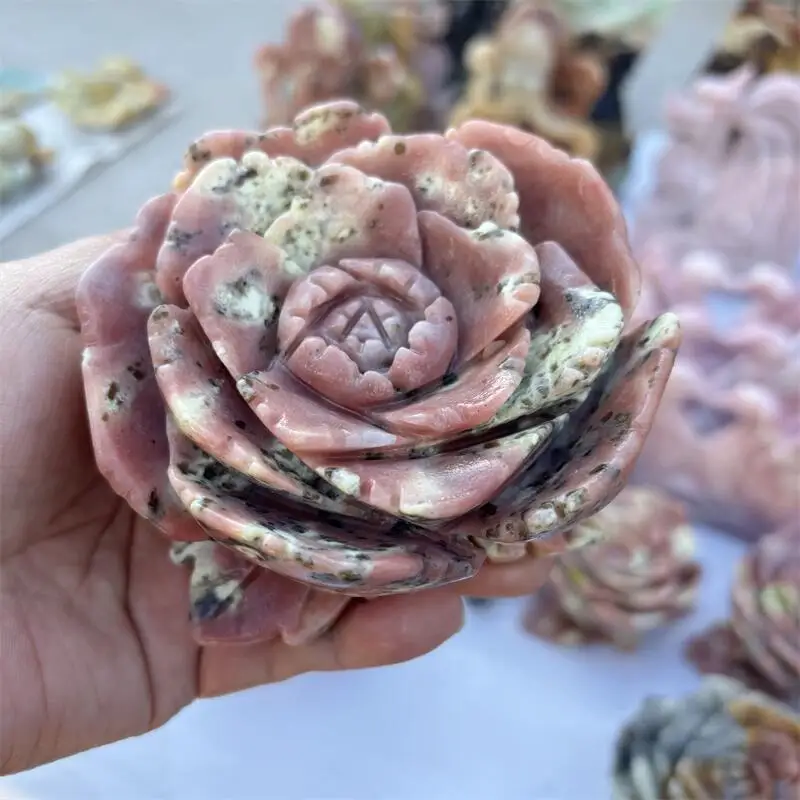 Natural Peach Blossom Tourmaline Flower Carving Energy Stone Crafts Small Decoration Home Decor Holiday Gift 1pcs
