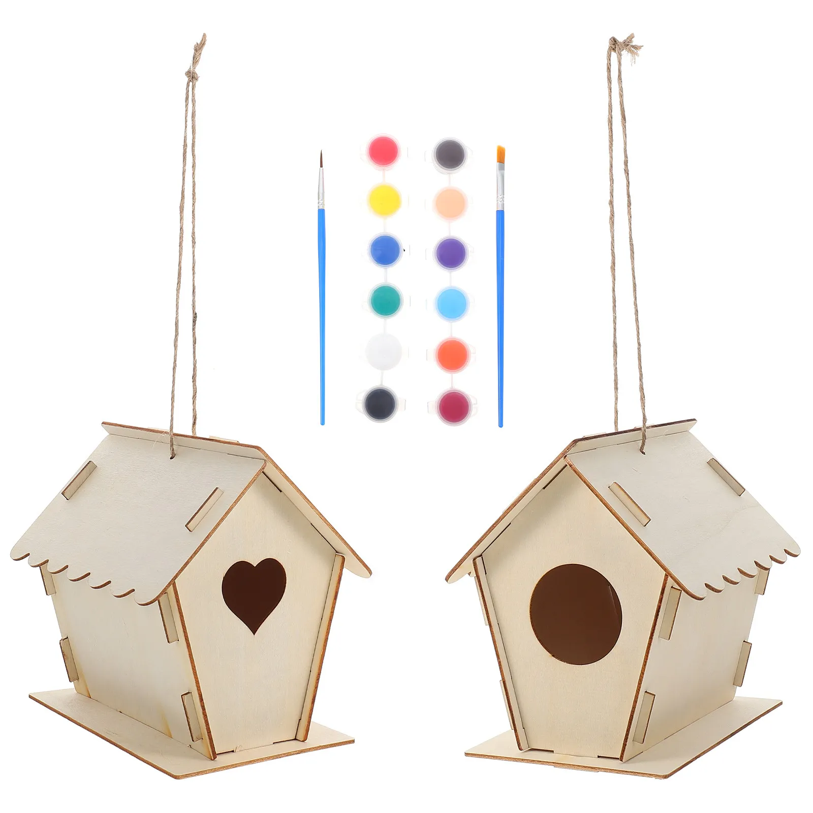 

2Sets Unfinished Wooden Bird House DIY Painting Craft Kit for Kids Educational Woodcraft Hanging Pendant Decor for Window Tree
