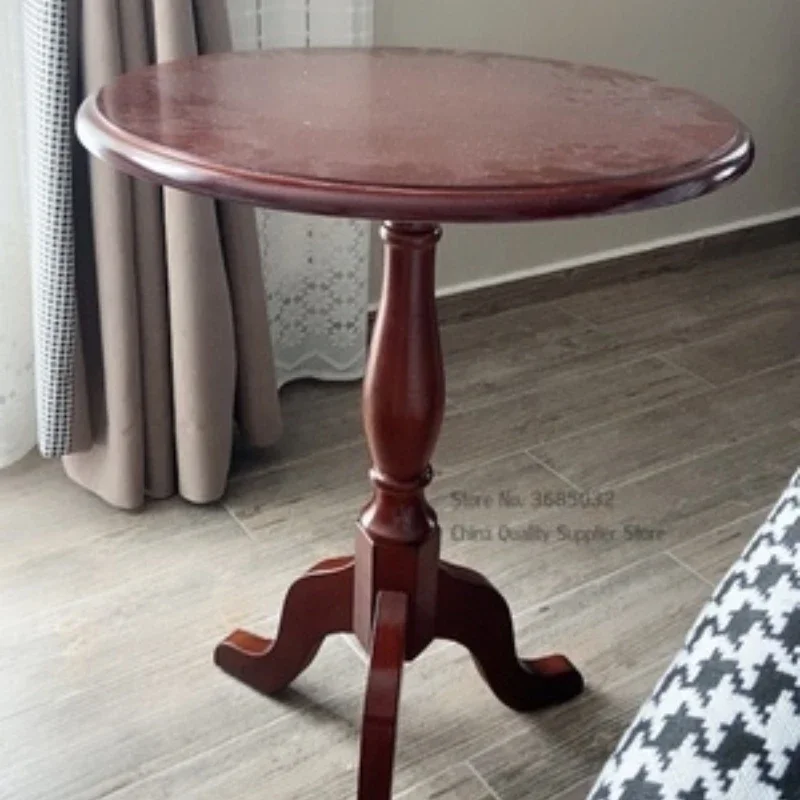 Solid Wood Small Round Table, American Sofa European-style Simple Round Coffee Table, Side Corner Table, Metal Tissue Holder