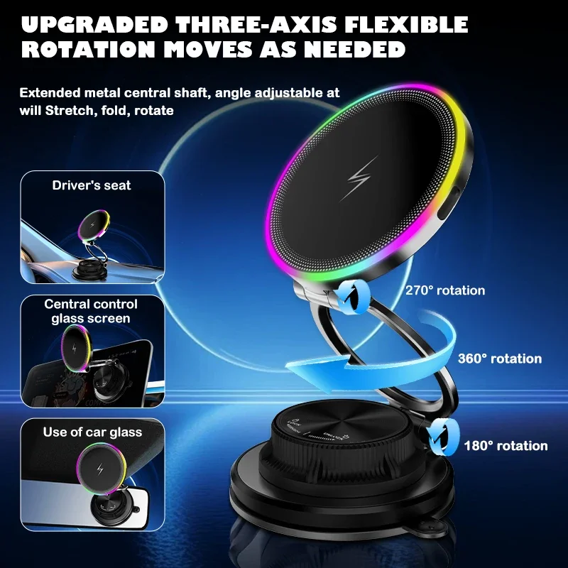 Wireless Charger Car Phone Holder with RGB Light Vacuum Suction Magnetic Mount 360 Degree Rotatable For iPhone 12 13 14 15 16