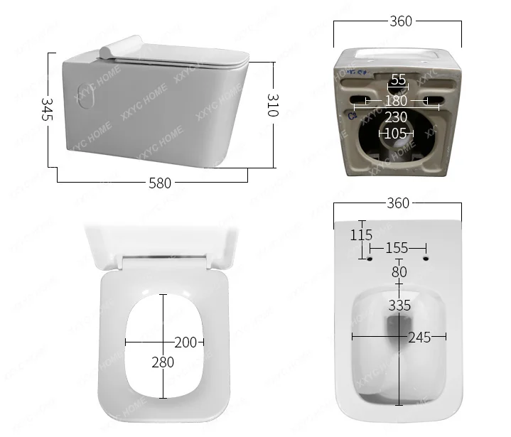 Elegant square washdown wall hung toilet bowl  closestool  White toilet