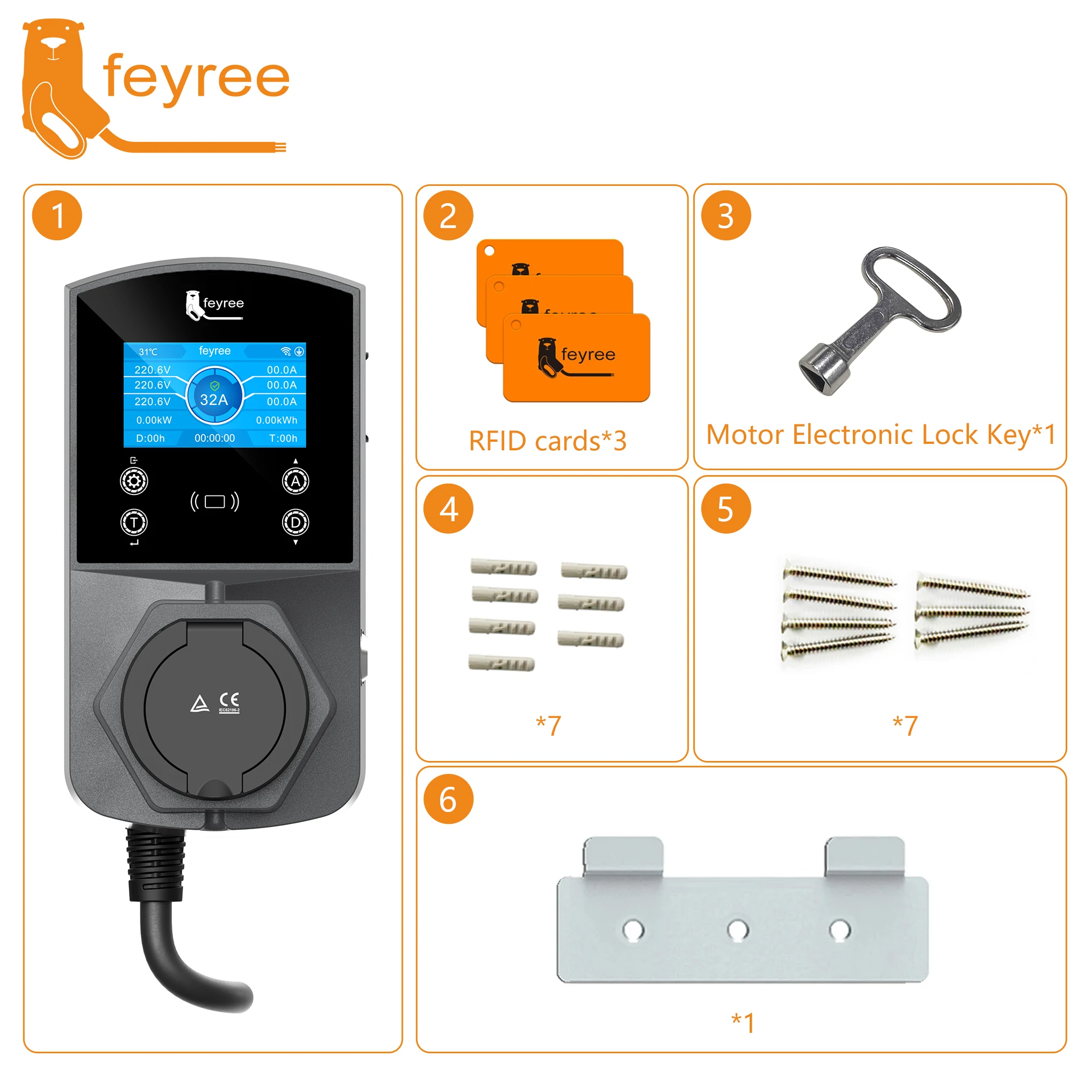 feyree Type2 EV Charger Socket Version 22KW Smart Electric Car Charger for TS-NACS Type1 GB/T Plug EVSE Wallbox WIFI APP Control