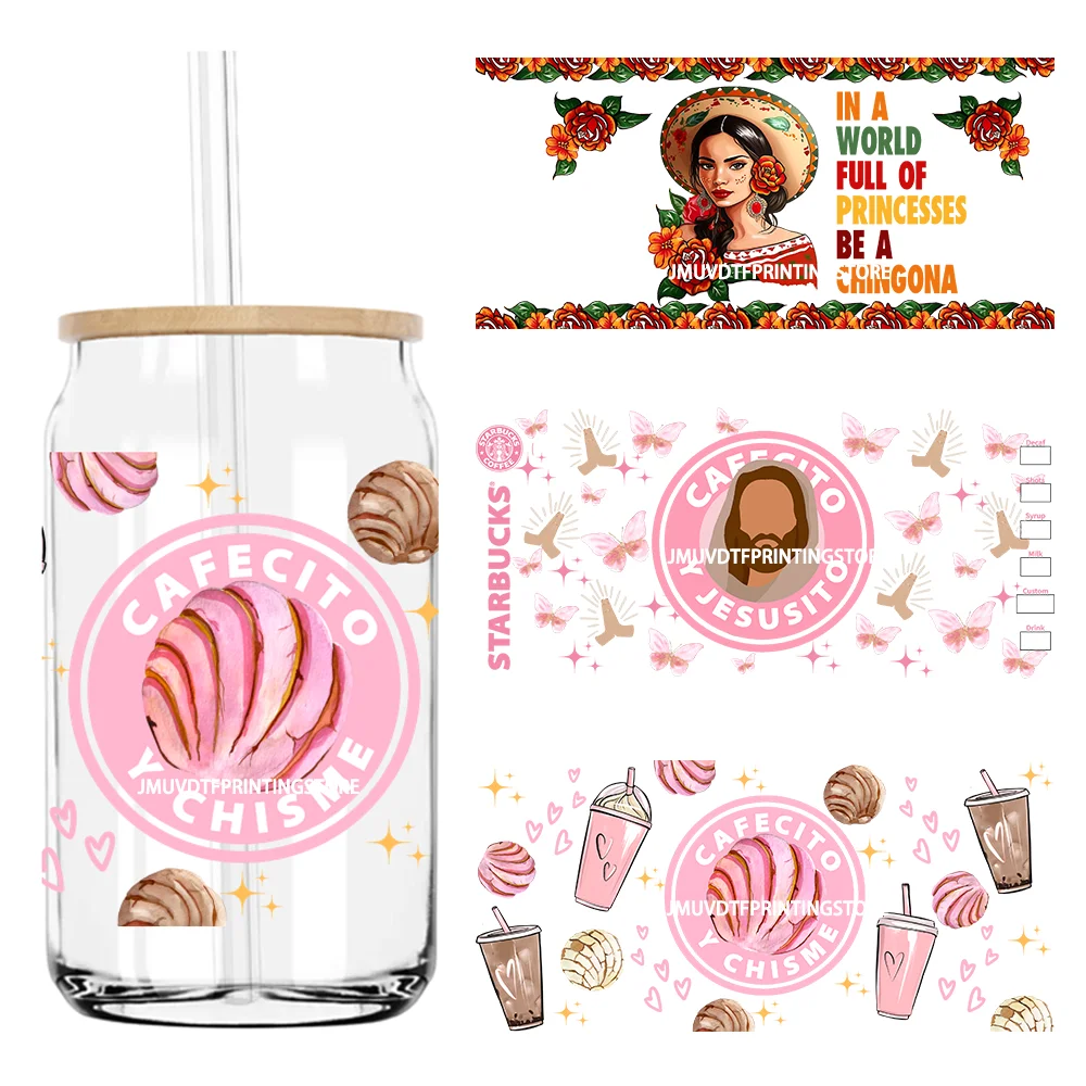 Cafecito Y Chisme Conchas uju DTF ملصق ل 16 أونصة Libbey كوب زجاجي ، يمكن التفاف ملصق نقل ، تسمية مخصصة ، شعار ديي ، فتاة Meixcan