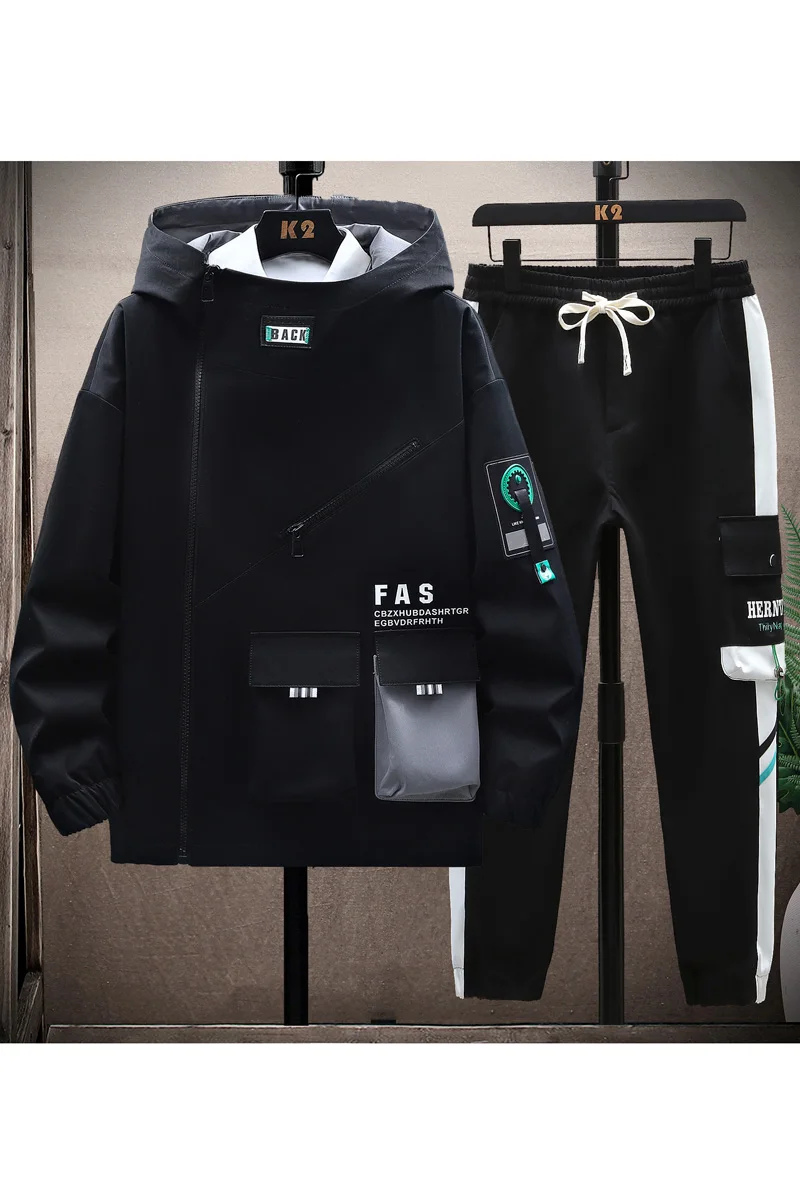 jackets+trousers autumn Korean style elastic waist Sportswear Men\'s Casual Sets Male hooded Fashion Windbreaker